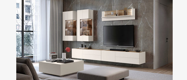 Set de mobila living din pal si MDF, cu LED inclus, 6 piese Sky Crem / Stejar Tobacco