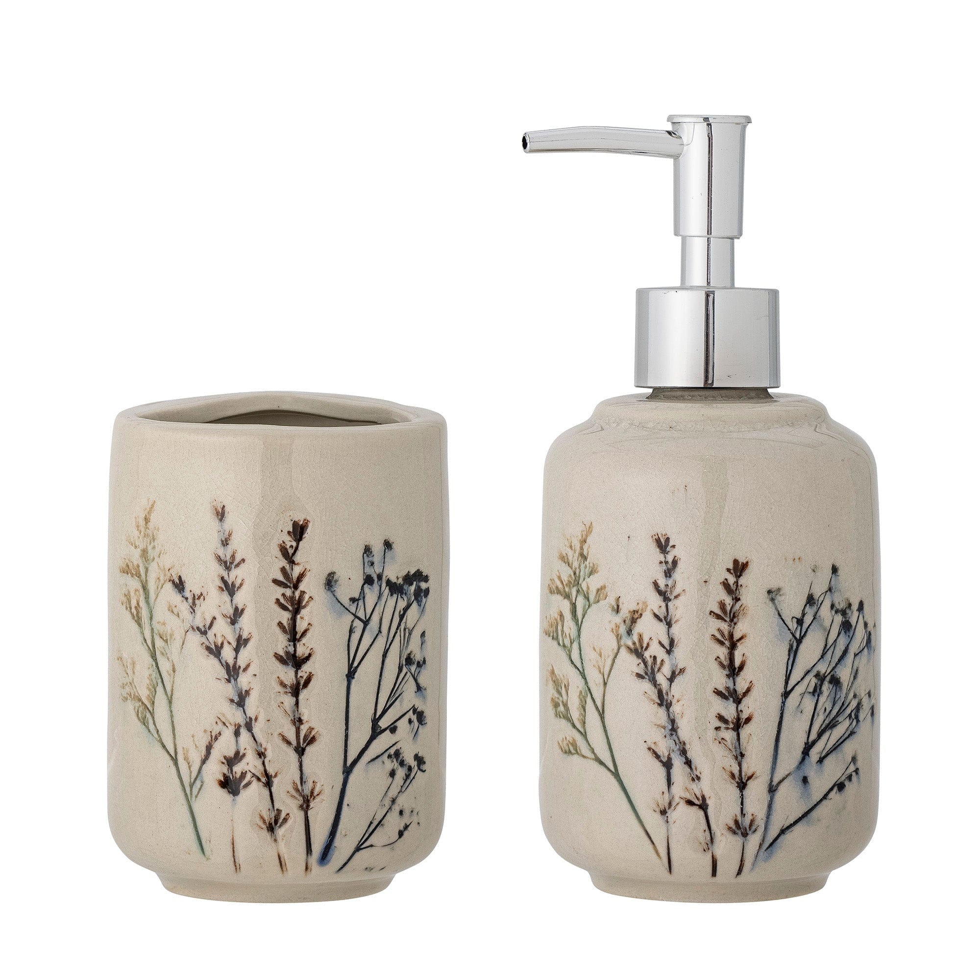 Bloomingville Set dozator pentru sapun si pahar pentru periuta, din ceramica, Bea Natural, Ø8xH18 cm