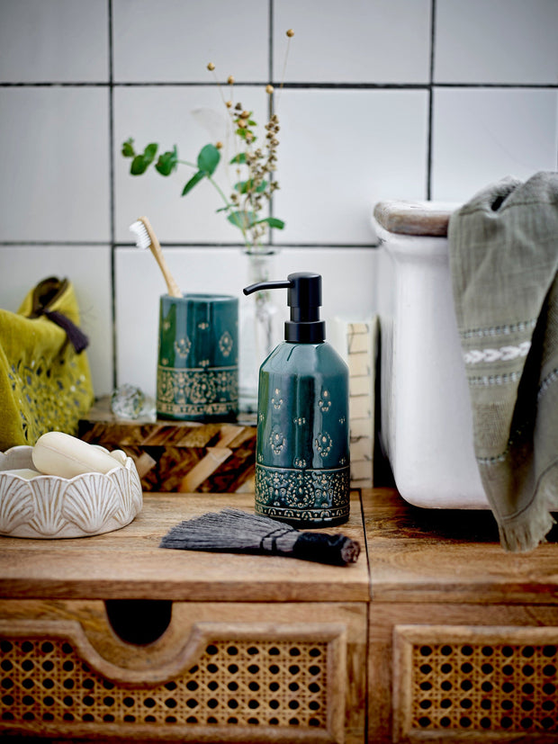 Bloomingville Set dozator pentru sapun si pahar pentru periuta, din ceramica, Cheran Verde, Ø7.5xH19.5 cm