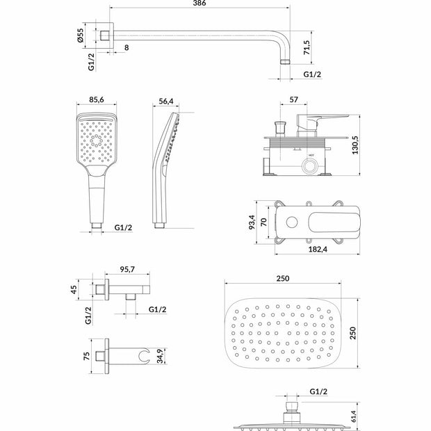 Set dus incastrat cu baterie pentru cada si dus, Larga Negru, S952-031 (1)