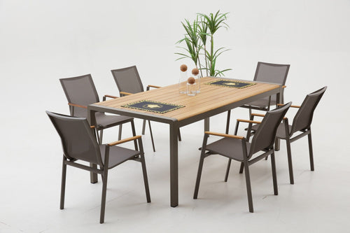 Set masa de gradina / terasa din lemn si aluminiu + 6 scaune de gradina, Lara Cappuccino / Natural, L160xl90xH75 cm