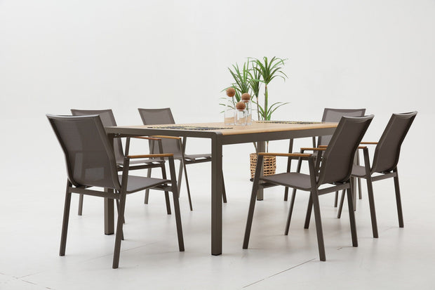 Set masa de gradina / terasa din lemn si aluminiu + 6 scaune de gradina, Lara Cappuccino / Natural, L160xl90xH75 cm (2)