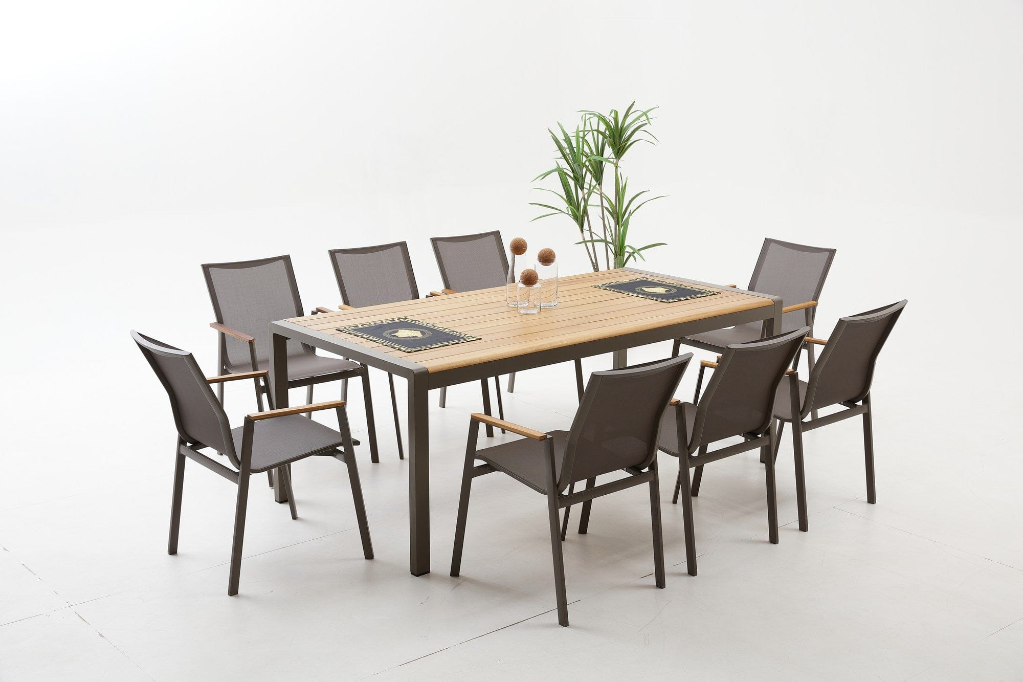 Set masa de gradina / terasa din lemn si aluminiu + 8 scaune de gradina, Lara Cappuccino / Natural, L200xl100xH75 cm (1)