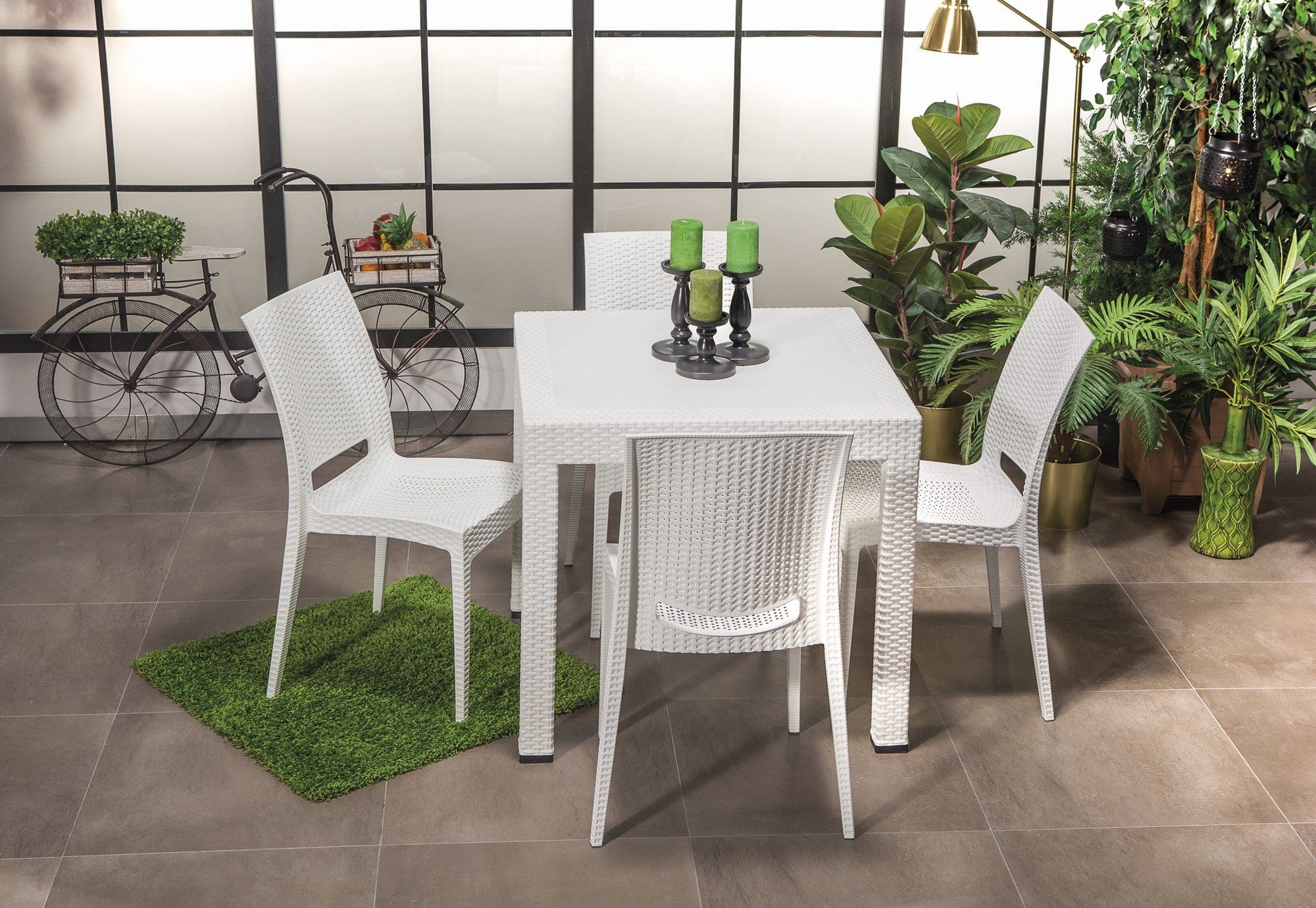 Asir Set masa de gradina / terasa din polipropilena + 4 scaune de gradina, Rattan Alb, L80xl80xH75 cm