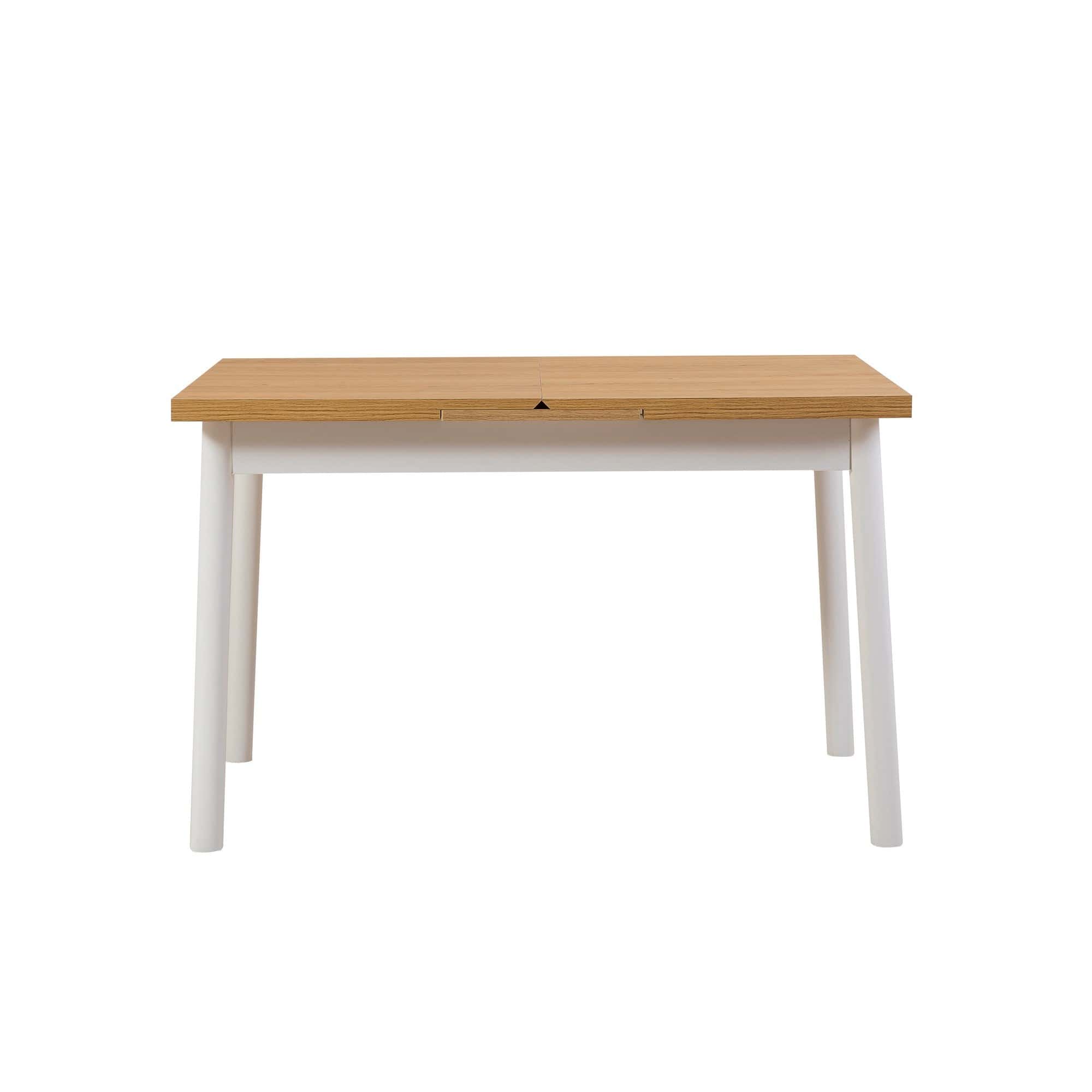 Asir Set masa extensibila din pal + 4 scaune tapitate cu piele ecologica + 1 banca tapitata cu piele ecologica, Oliver V6 Alb / Stejar, L120-153xl75xH77 cm