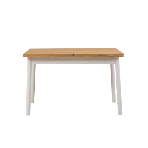 Asir Set masa extensibila din pal + 4 scaune tapitate cu piele ecologica + 1 banca tapitata cu piele ecologica, Oliver V6 Alb / Stejar, L120-153xl75xH77 cm