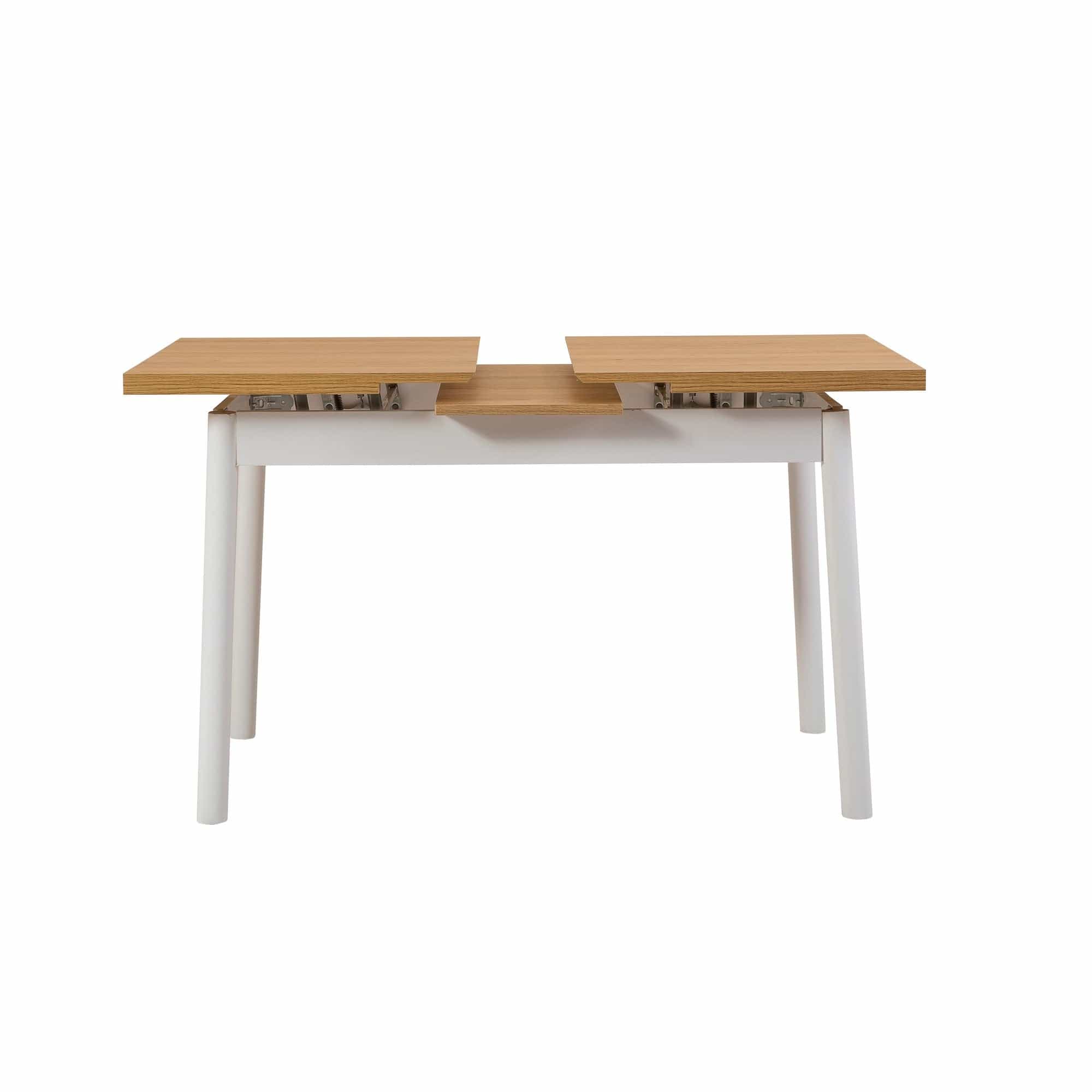 Asir Set masa extensibila din pal + 4 scaune tapitate cu piele ecologica + 1 banca tapitata cu piele ecologica, Oliver V6 Alb / Stejar, L120-153xl75xH77 cm