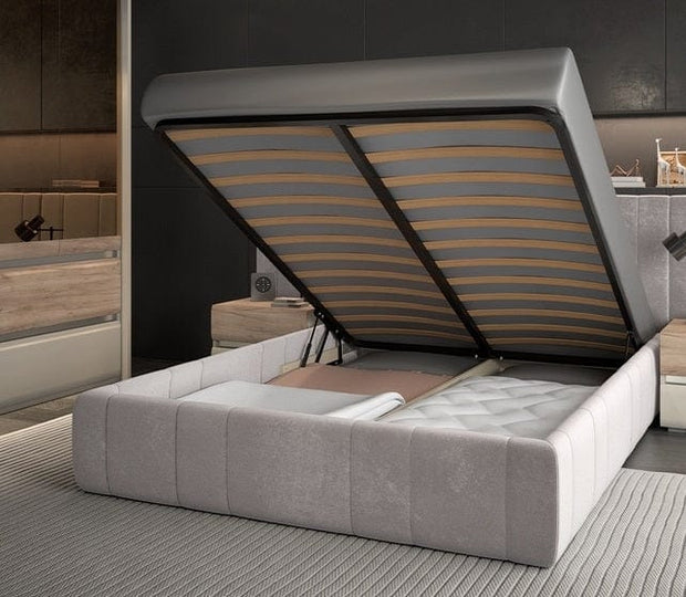 Set Mobila Dormitor din pal si MDF, cu pat 200 x 160 cm, 6 piese, Invictus P66-6OG/IC Gri / Crem / Stejar Tobacco (3)