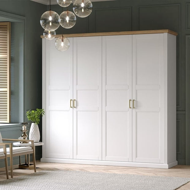 Set Mobila Dormitor din pal si MDF, cu pat 200 x 160 cm, 7 piese Tara Alb Mat / Nuc Pacific (1)