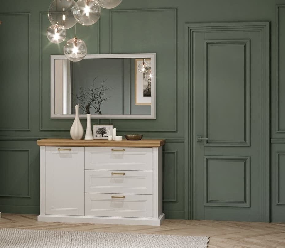 Set Mobila Dormitor din pal si MDF, cu pat 200 x 180 cm, 7 piese Tara Large Alb Mat / Nuc Pacific (2)