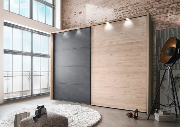 Set Mobila Dormitor din pal si piele ecologica, cu pat 200 x 160 cm, 6 piese Bruxelles Small Stejar / Grafit (2)