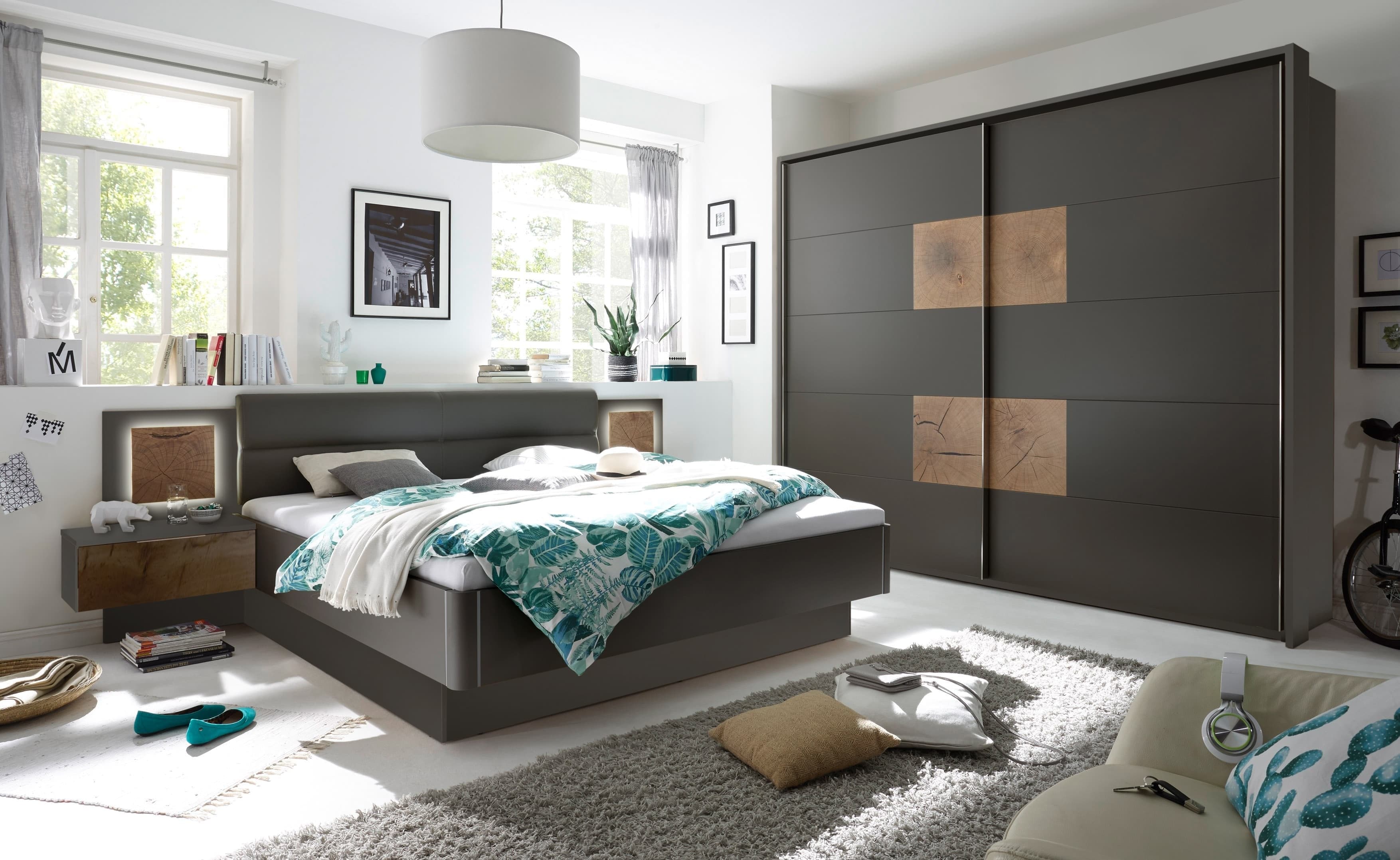 Set Mobila Dormitor din pal si piele ecologica, cu pat 200 x 180 cm, 2 piese Cappy Antracit / Natural