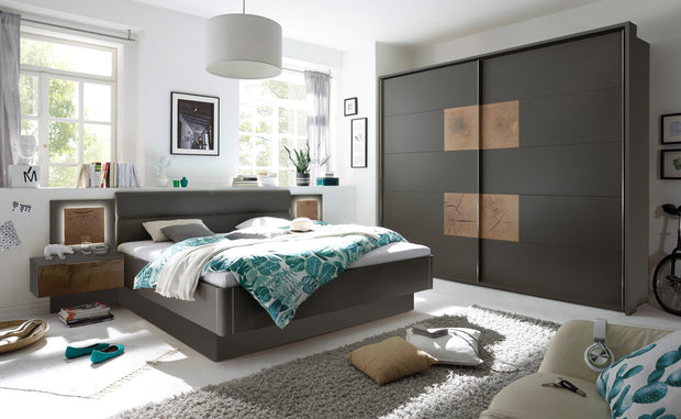 Set Mobila Dormitor din pal si piele ecologica, cu pat 200 x 180 cm, 2 piese Cappy Antracit / Natural