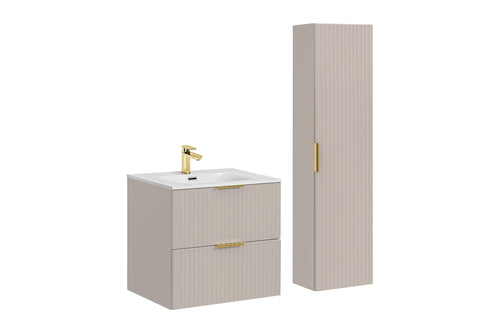 Set Mobilier pentru baie, din pal si MDF, 3 piese, 60 cm, Sky Bej / Alb