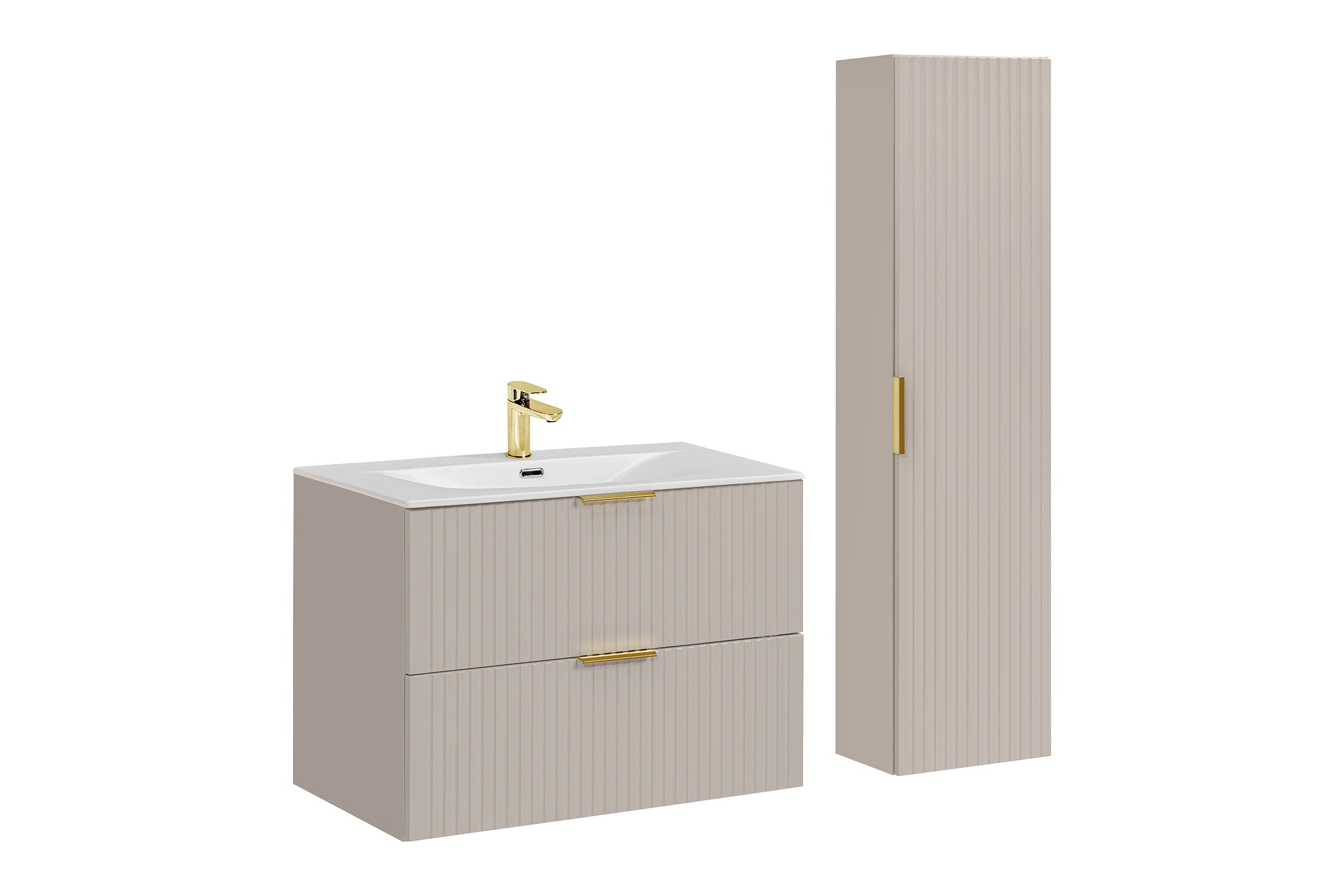 Set Mobilier pentru baie, din pal si MDF, 3 piese, 80 cm, Sky Bej / Alb