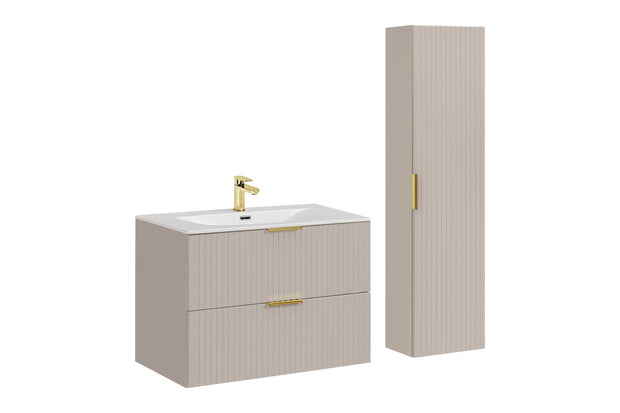 Set Mobilier pentru baie, din pal si MDF, 3 piese, 80 cm, Sky Bej / Alb