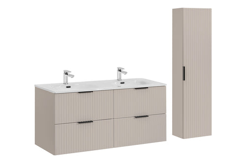 Set Mobilier pentru baie, din pal si MDF, 4 piese, 120 cm, Sky Bej / Alb