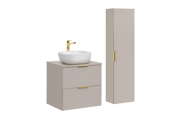 Set Mobilier pentru baie, din pal si MDF, 4 piese, 60 cm, Smile Bej / Alb