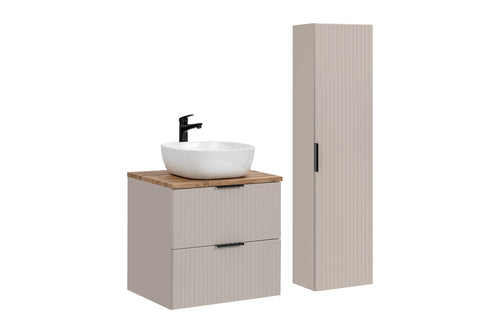 Set Mobilier pentru baie, din pal si MDF, 4 piese, 60 cm, Smile Bej / Stejar / Alb