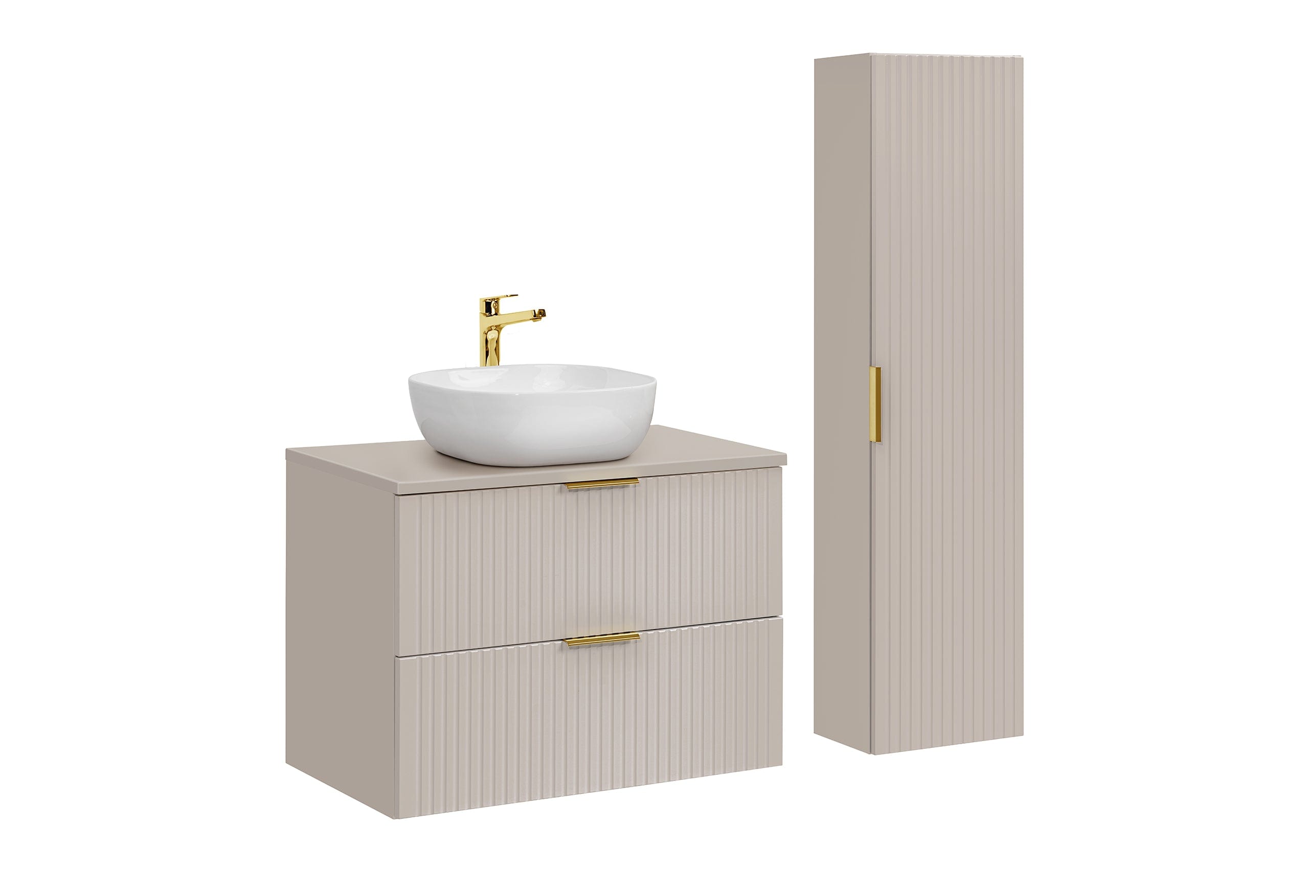 Set Mobilier pentru baie, din pal si MDF, 4 piese, 80 cm, Smile Bej / Alb