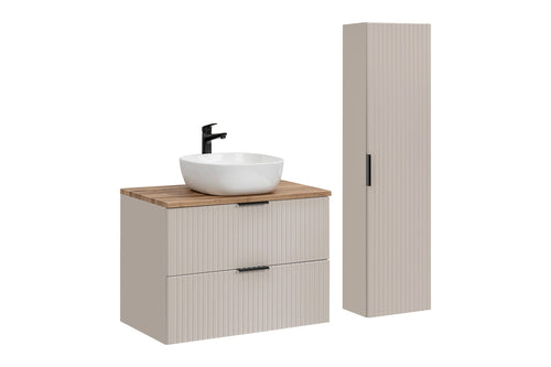Set Mobilier pentru baie, din pal si MDF, 4 piese, 80 cm, Smile Bej / Stejar / Alb
