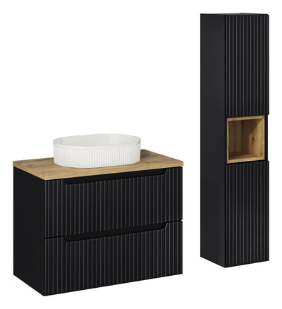 Set Mobilier pentru baie, din pal si MDF, 5 piese, 80 cm, Beyond Negru / Stejar / Alb
