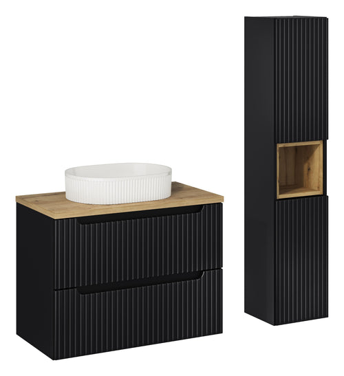 Set Mobilier pentru baie, din pal si MDF, 5 piese, 80 cm, Beyond Negru / Stejar / Alb