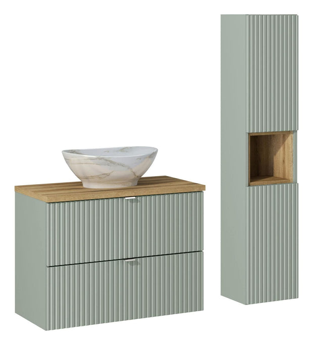 Set Mobilier pentru baie, din pal si MDF, 5 piese, 80 cm, Pati Verde / Stejar / Alb