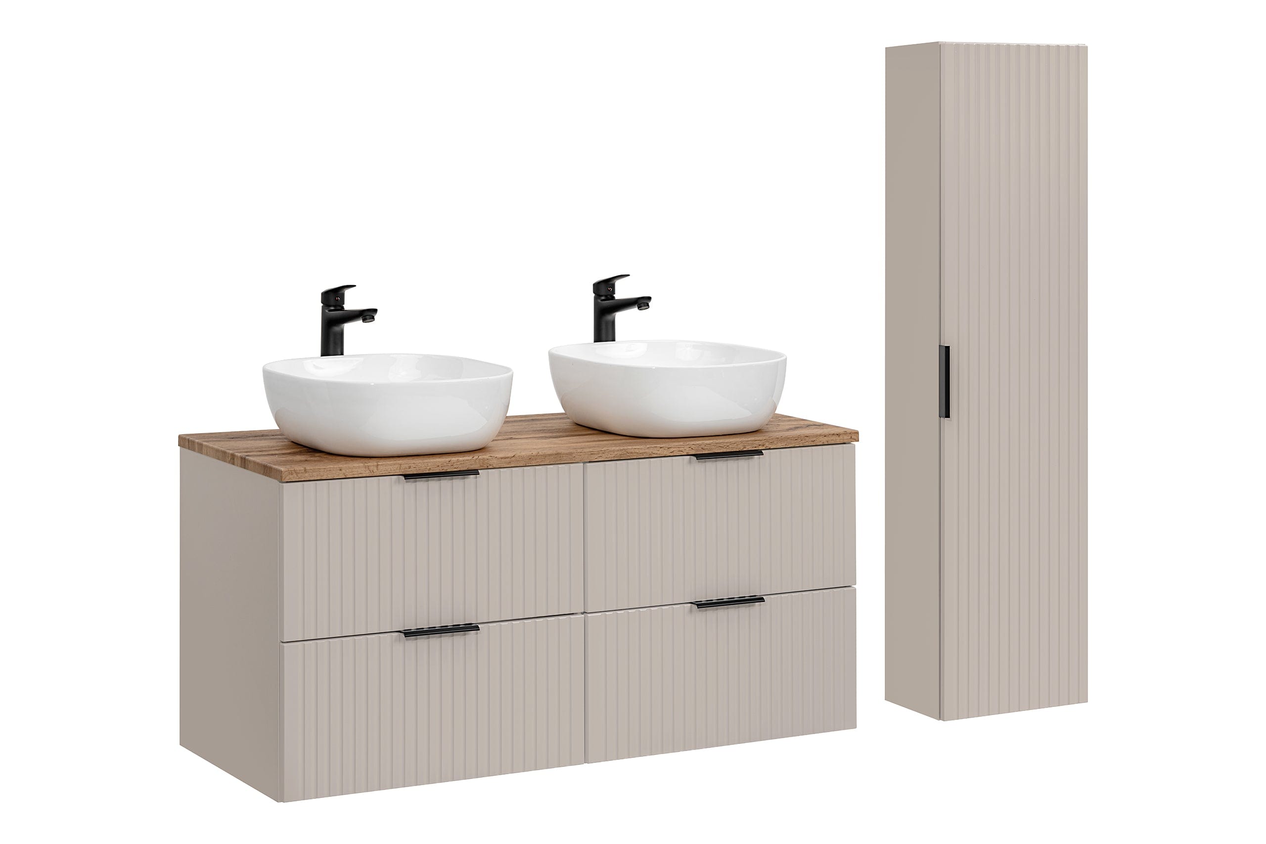 Set Mobilier pentru baie, din pal si MDF, 6 piese, 120 cm, Smile Bej / Stejar / Alb