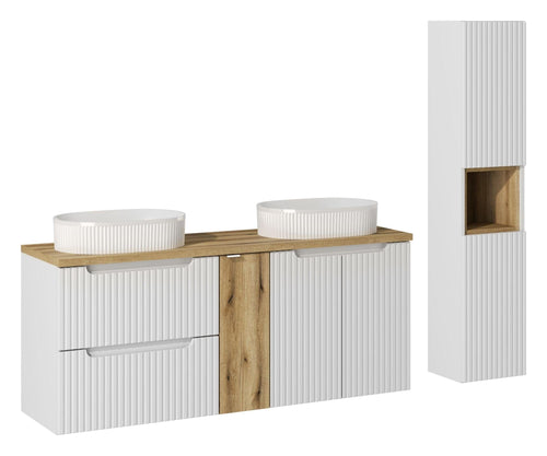 Set Mobilier pentru baie, din pal si MDF, 8 piese, 140 cm, Beyond Alb / Stejar