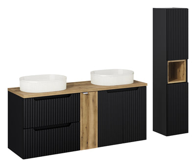 Set Mobilier pentru baie, din pal si MDF, 8 piese, 140 cm, Beyond Negru / Stejar / Alb