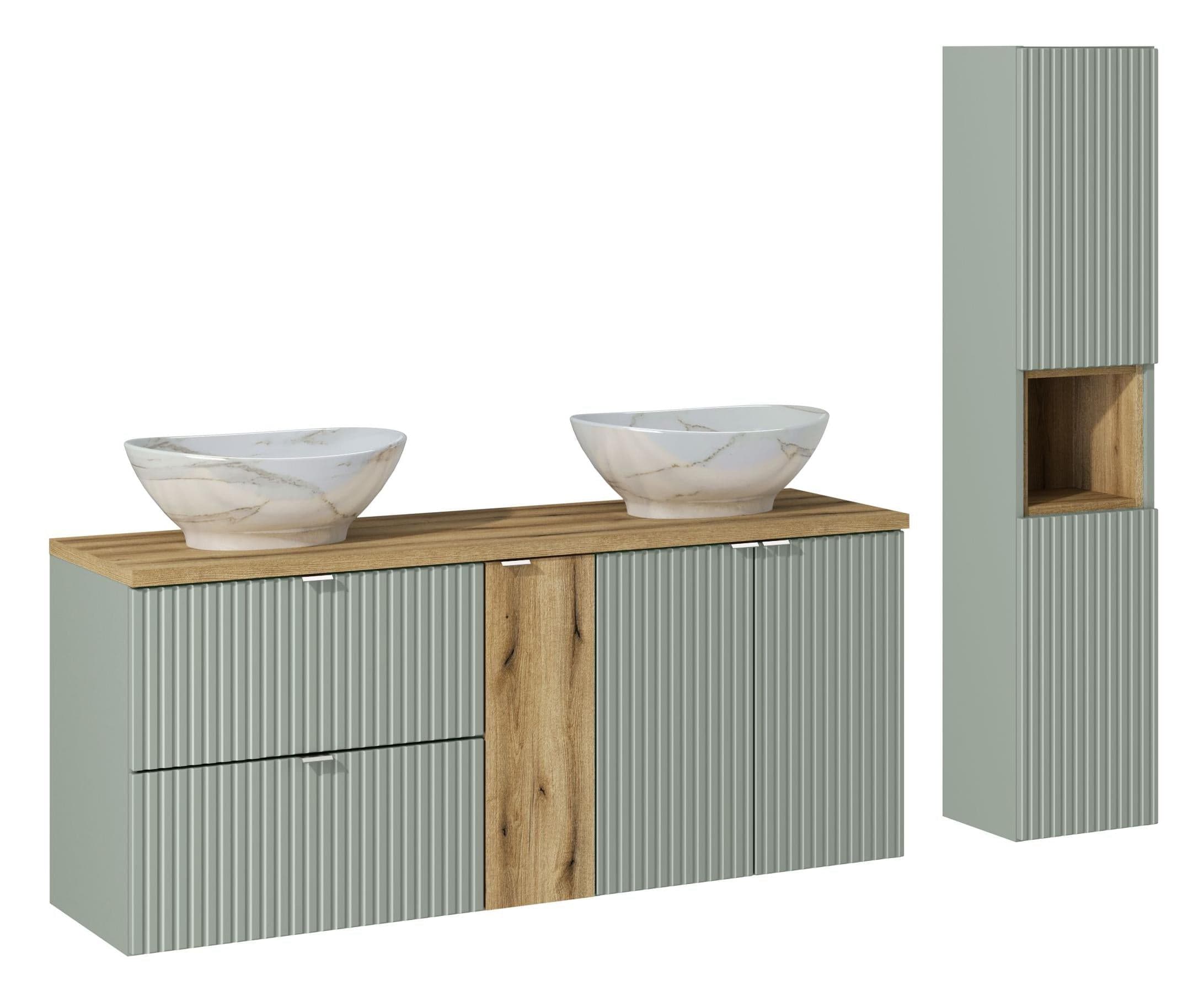 Set Mobilier pentru baie, din pal si MDF, 8 piese, 140 cm, Pati Verde / Stejar / Alb