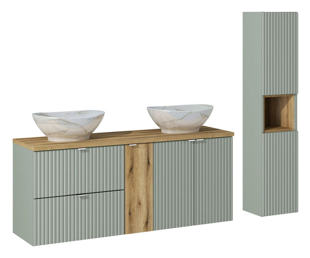 Set Mobilier pentru baie, din pal si MDF, 8 piese, 140 cm, Pati Verde / Stejar / Alb