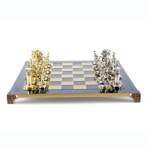 Manopoulos Set sah piese si tabla din alama, lucrate manual, Archers, Tabla Albastru cu piese Auriu / Argintiu, 44 x 44 cm
