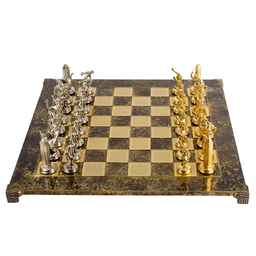 Manopoulos Set sah piese si tabla din alama, lucrate manual, Discus Thrower, Tabla Maro cu piese Auriu / Argintiu, 54 x 54 cm