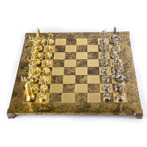 Manopoulos Set sah piese si tabla din alama, lucrate manual, Greek Mythology, Tabla Maro cu piese Auriu / Argintiu, 54 x 54 cm