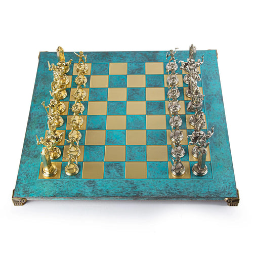 Manopoulos Set sah piese si tabla din alama, lucrate manual, Greek Mythology, Tabla Turcoaz cu piese Auriu  Argintiu, 54 x 54 cm