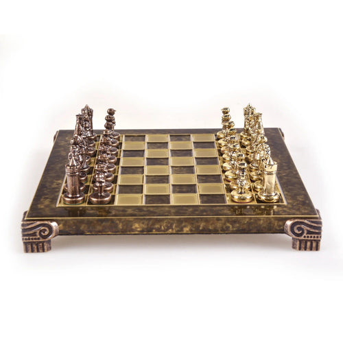 Manopoulos Set sah piese si tabla din alama, lucrate manual, Imperiu Bizantin, Tabla Bronz cu piese Maro / Auriu, 20 x 20 cm