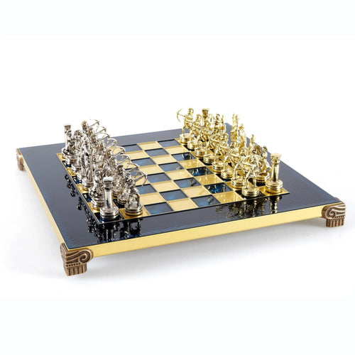 Manopoulos Set sah piese si tabla din alama, lucrate manual, Luxury Archers, Tabla Bronz cu piese Albastru / Maro, 28 x 28 cm