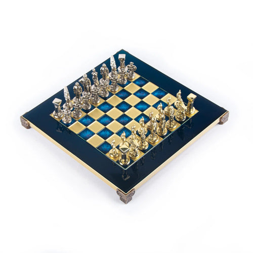 Manopoulos Set sah piese si tabla din alama, lucrate manual, Spartan Warrior, Tabla Albastru cu piese Auriu / Argintiu, 28 x 28 cm