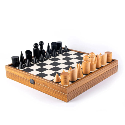Manopoulos Set sah piese si tabla din lemn, lucrate manual, Bauhaus Style, Tabla Negru cu piese Negru / Natural, 40 x 40 cm