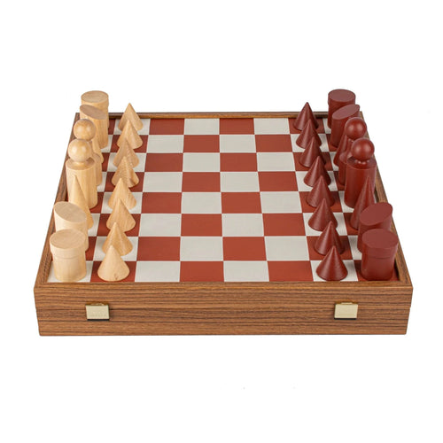 Manopoulos Set sah piese si tabla din lemn, lucrate manual, Bauhaus Style, Tabla Rosu cu piese Rosu / Natural, 40 x 40 cm