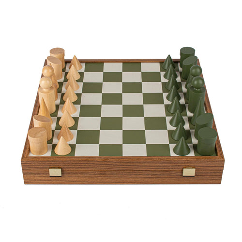 Manopoulos Set sah piese si tabla din lemn, lucrate manual, Bauhaus Style, Tabla Verde cu piese Verde / Natural, 40 x 40 cm