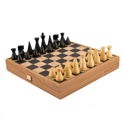 Manopoulos Set sah piese si tabla din lemn, lucrate manual, Modern Style, Tabla Natural cu piese Negru / Natural, 40 x 40 cm