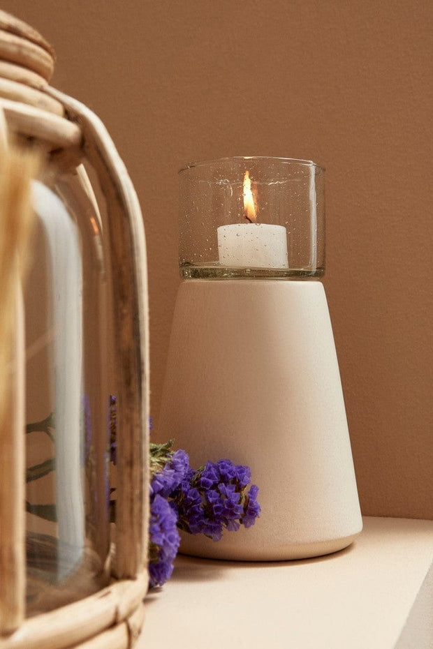 Suport lumanare din sticla si ceramica Mardan Alb / Transparent, Ø11xH20 cm (1)