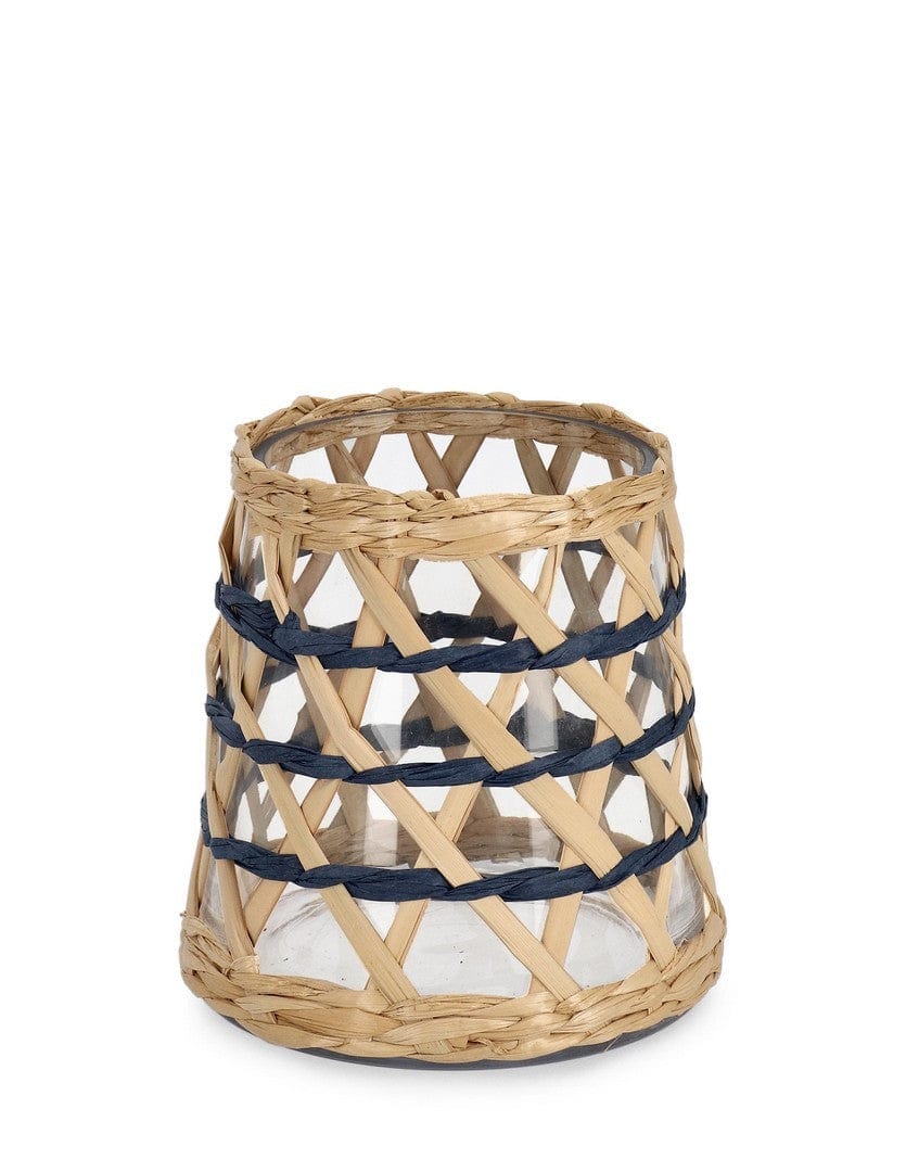 Suport lumanare din sticla si fibre naturale Soraya Natural / Albastru, Ø15xH14 cm