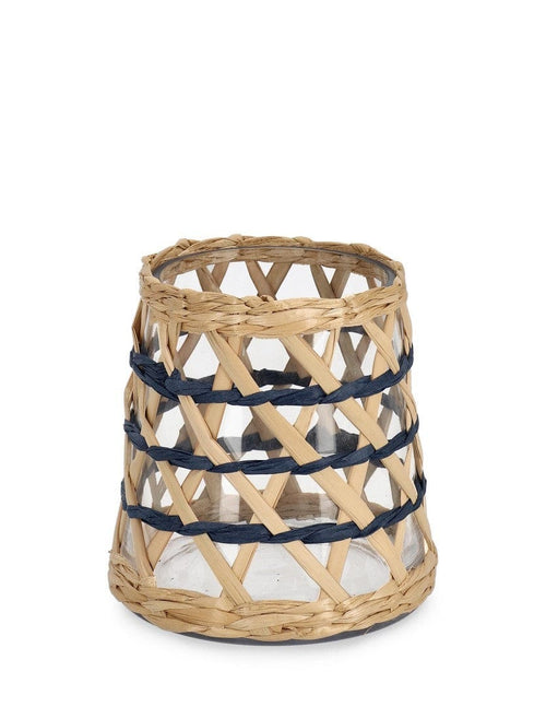 Suport lumanare din sticla si fibre naturale Soraya Natural / Albastru, Ø15xH14 cm