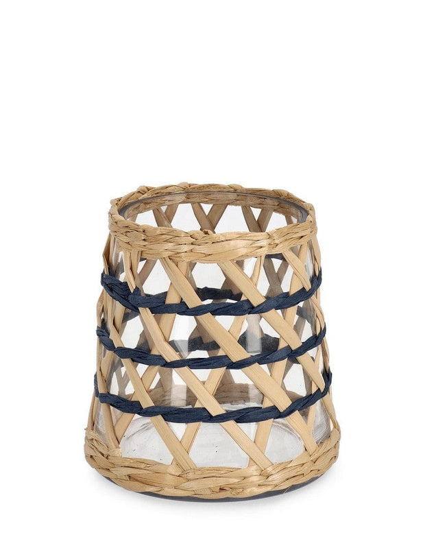 Suport lumanare din sticla si fibre naturale Soraya Natural / Albastru, Ø15xH14 cm
