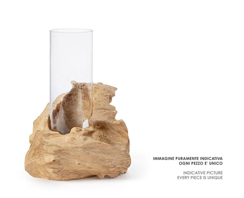 Suport lumanare din sticla si lemn de tec Izara Natural / Transparent, L26xl26xH31 cm