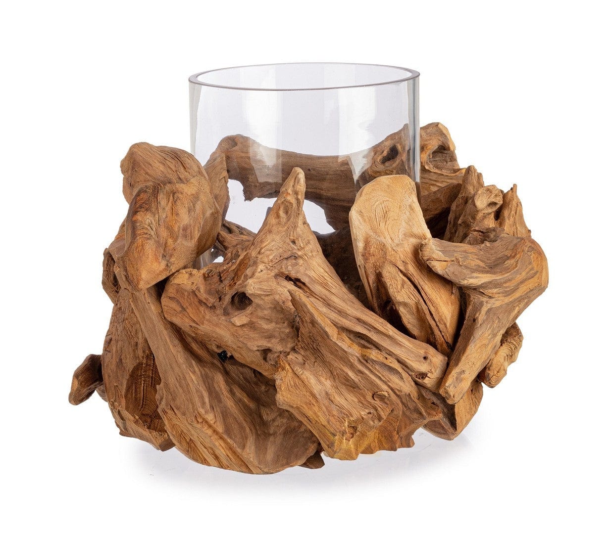 Suport lumanare din sticla si lemn de tec Izara Natural / Transparent, Ø36xH22 cm